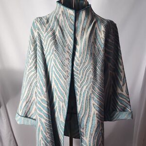 Reversible Aqua & Winter White Tapestry Open Jacket Sturdy Oversized Medium
